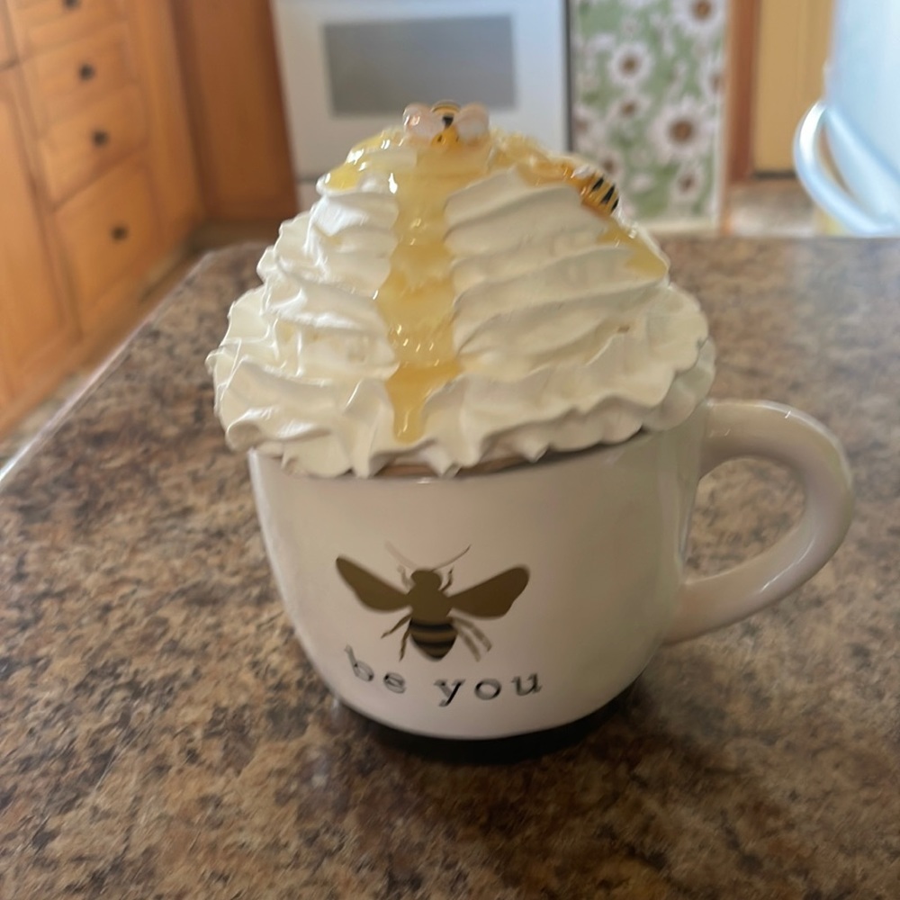 Bee You mug with faux whip bee topper 2 piece set